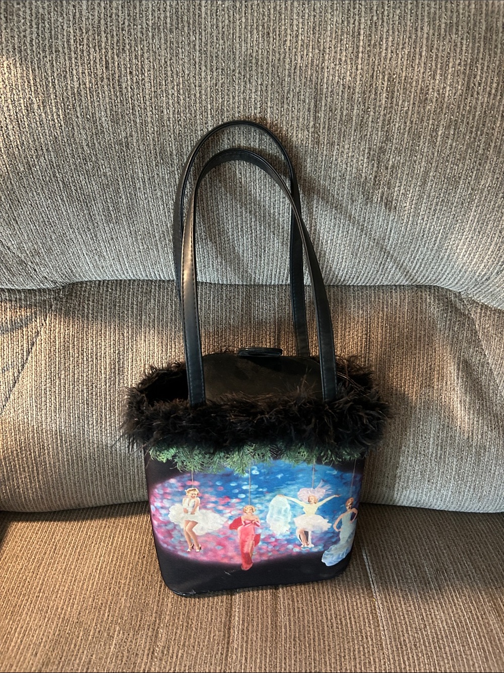 Black Faux-Fur Trim Tote Bag with Colorful Marilyn Monroe